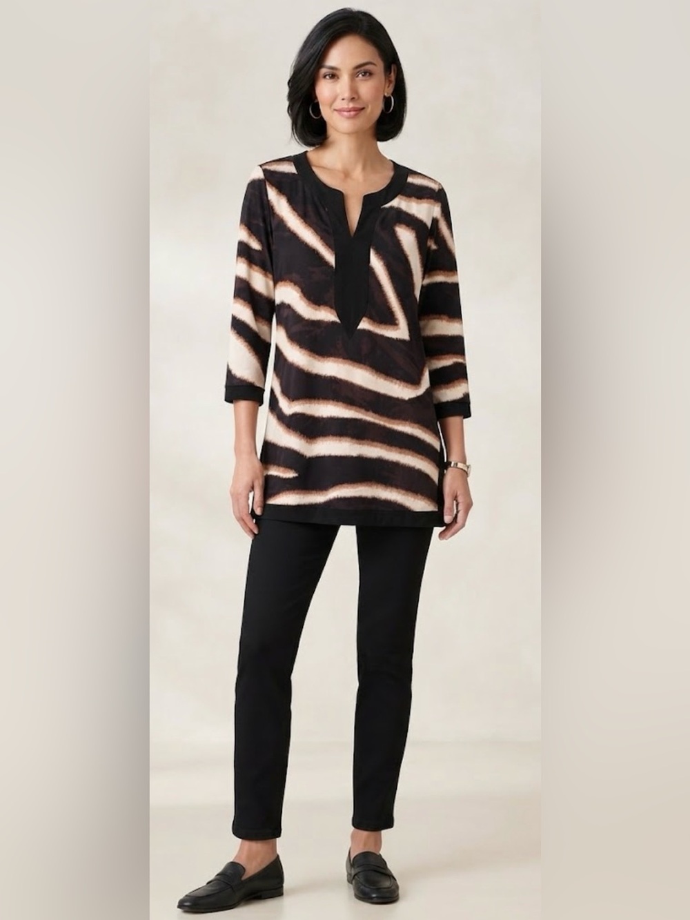 Chico's Traveler Collection Zebra Print Split Neck Tunic Blouse Boho Size 12-14